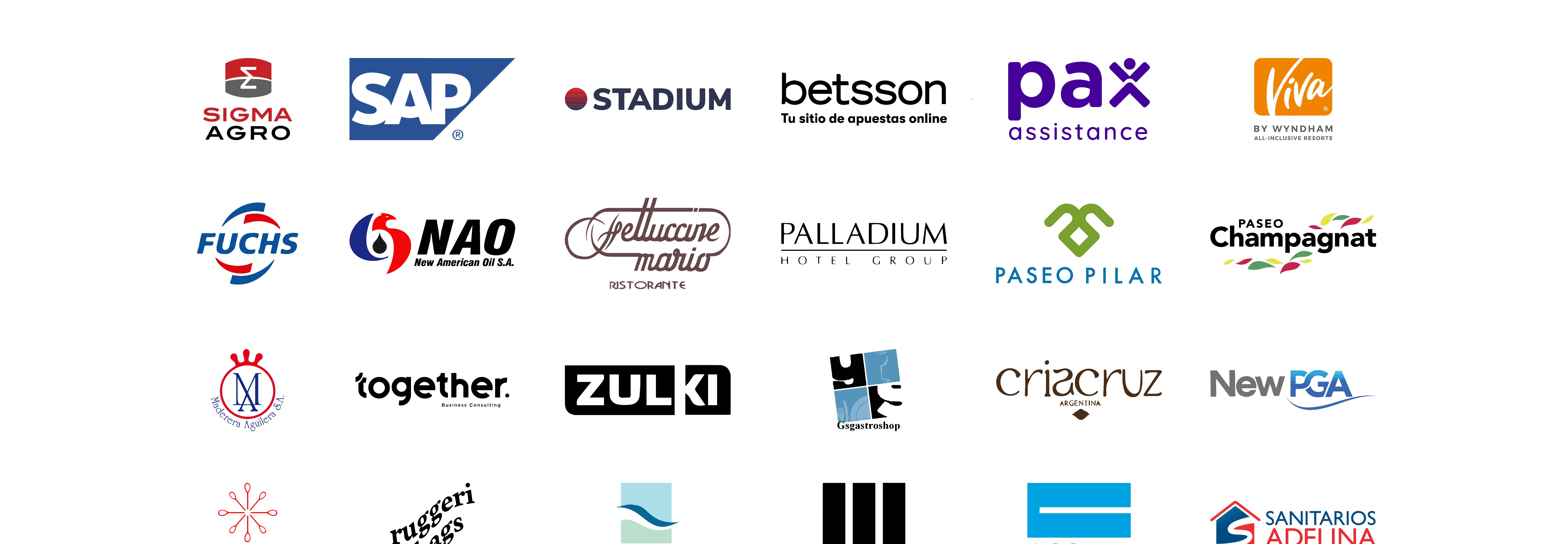 Logos de clientes: Sanitarios Adelina, Fuchs, Sigma Agro, Global Stadium, Zulki, Mi Barrio, Together Consulting, Palladium, Viva Resorts, Ruggeri Bags, Estilo Veggie, Grito Cerámica